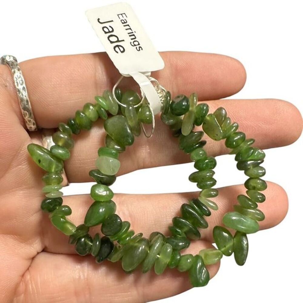 New Natural Green Jade Stone Hoop Earrings .925 Sterling Silver Hook
